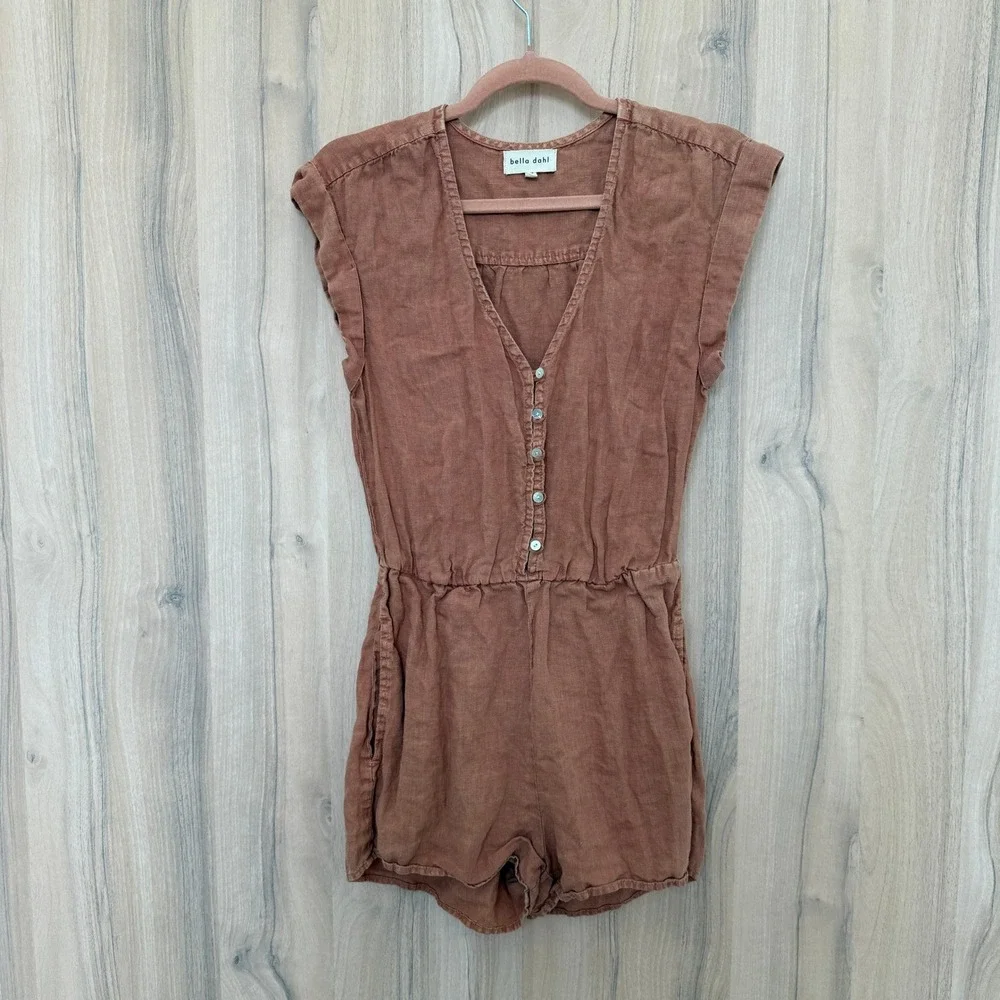 Bella Dahl Womens Linen Romper XS Brown Button Front Boho Earthy Minimal Coastal